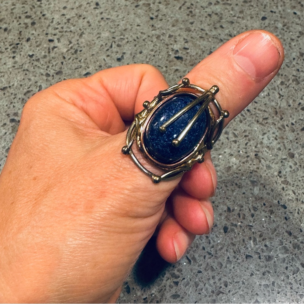 Blue stone artisan abstract adjustable, scroll wrap metal work copper/brass ring